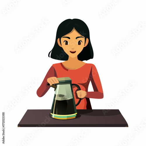 Smiling woman pouring freshly brewed coffee from a glass carafe.