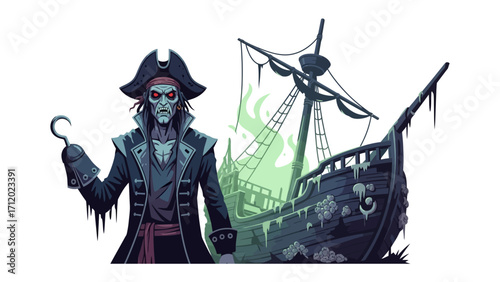 Sinister Buccaneer's Curse: A spectral buccaneer and a haunted ship, in a haunting illustration. The illustration showcases the essence of ghostly pirates.