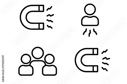 Customer attraction magnet icon set. Inbound marketing and lead generation concept. Audience engagement and retention illustration for business, web design, and advertising.