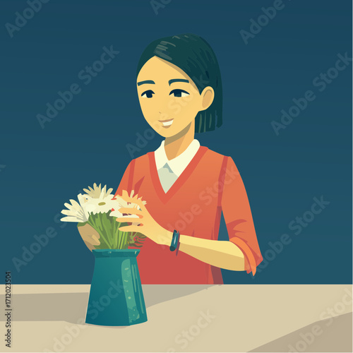 Young woman arranging a bouquet of daisies in a teal vase.