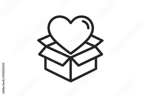 Heart in box icon. Symbol of love, donation, charity, volunteering. Concept of giving, care, support, hope and kindness. Vector outline graphic illustration for design.