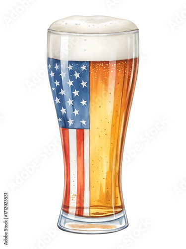 Watercolor pilsner glass filled with beer featuring american flag isolated on transparent background