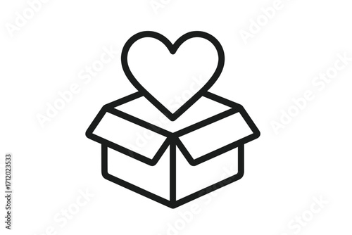 Heart in an open box vector line icon. Concept of donation, charity, love, help, and support. Symbol of giving, care, and volunteering. Gift of kindness, feelings, emotions.