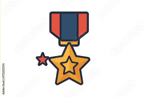 Hero award medal with star icon. Veterans day military honor symbol. Flat cartoon vector illustration for victory, patriotism, achievement, memorial day, winner concept.