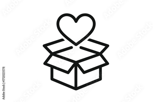 Donation and charity concept. Heart in open box icon. Love, care, and support symbol. Giving, help, and hope metaphor. Volunteer and social work sign. Vector outline.