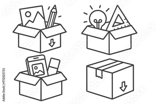Creative process icon set. Line illustration of idea, design, digital content and delivery. Vector boxes with lightbulb, pencil, phone. Package for startup or marketing.