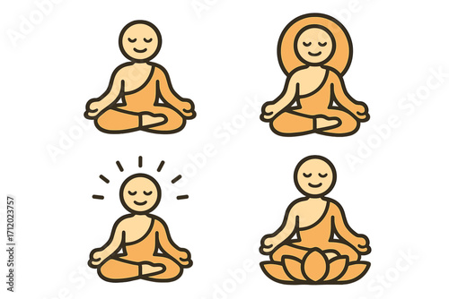 Buddha meditating icon set. Monk character in lotus pose for yoga, mindfulness and zen meditation. Spiritual concept for enlightenment, wellness, peace of mind. Vector logo.