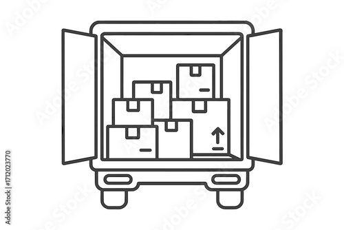 Delivery truck with open doors full of cardboard boxes. Shipping, logistics, and moving concept. Cargo transport and freight service for e-commerce and distribution. Vector line icon.