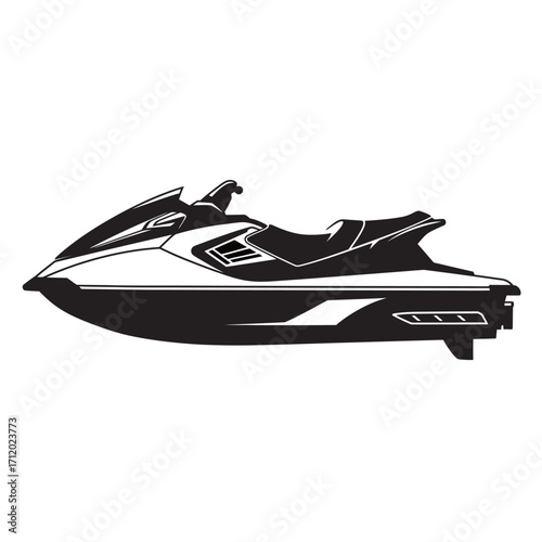 black and white silhouette of a jet ski vector on a white background