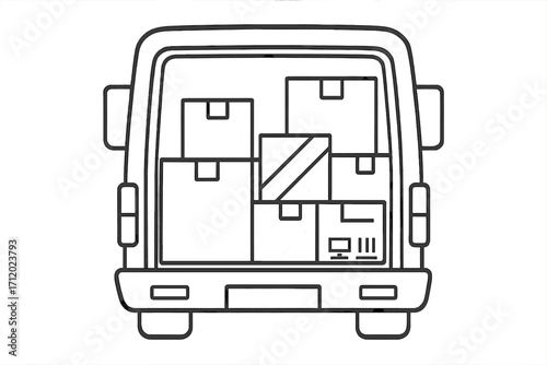 Delivery truck with boxes line art vector illustration. Cargo van full of parcels for shipping, logistics, and transport. E-commerce order fulfillment and moving concept.