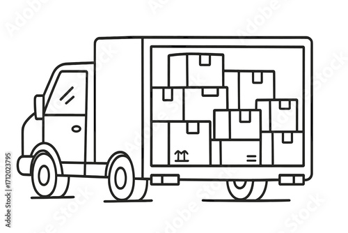 Delivery truck with parcels vector line icon. Concept for logistics, shipping, distribution, and moving service. Cargo van for freight transportation and e-commerce order.