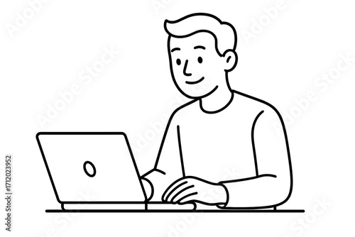 Man working on laptop computer. Office worker, freelancer or student at work. Person using notebook for remote job or online study. Outline cartoon vector character illustration.