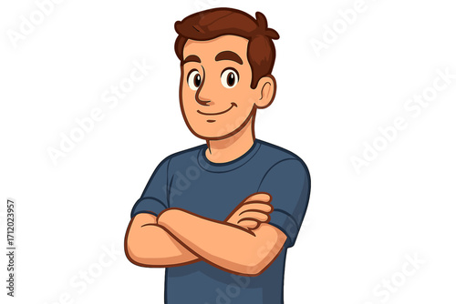 Confident man with arms crossed. Friendly smiling young guy cartoon character. Male person with a positive expression and folded arms. Vector illustration for business or web.