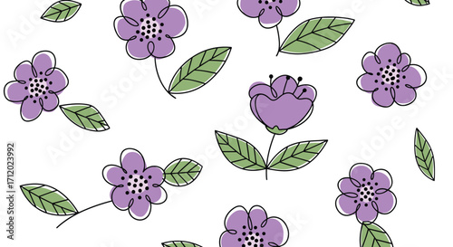 A delicate pattern featuring hand-drawn purple flowers with green leaves scattered across a white background.
