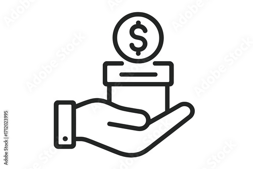 Donation icon with hand holding a charity box. Giving money, support, and help concept. Financial contribution for fundraising. Investment and savings. Dollar coin symbol.