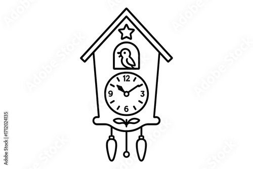 Cuckoo clock outline icon. Traditional german souvenir. Retro wall watch with bird. Time symbol. Vintage home decoration. Black forest souvenir. Simple vector line art illustration.
