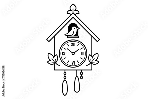 Cuckoo clock line icon. Traditional wooden wall clock with a bird. Vector outline illustration for home decor, time concepts. Retro antique timepiece symbol for web, graphic design.
