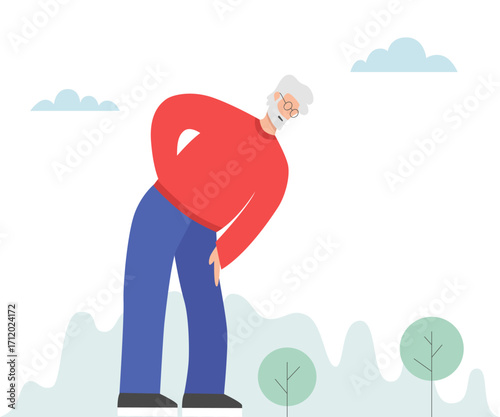 Man holding hand on lumbar spine, lower back pain.