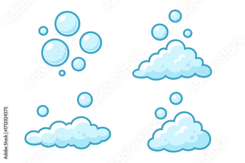 Vector set of cartoon bubbles and foam icons, transparent background, collection of shiny water bubbles and soft cloud-like foam elements, playful graphic design for apps and concepts