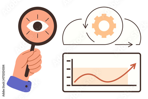 Hand holding magnifying glass, graph with upward trend, and gear in a cloud suggest innovation, research, analytics, growth, strategic planning, and optimization. Ideal for business tech