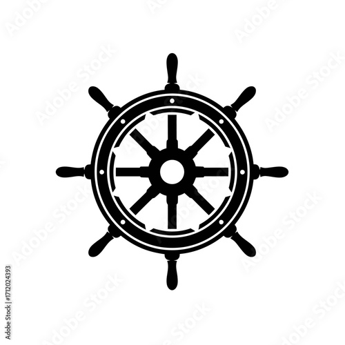 Black and white illustration of a ship's wheel with eight spokes.