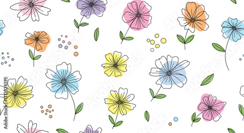 A delicate seamless pattern featuring hand-drawn whimsical flowers in pastel colors on a white background.
