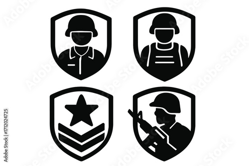 Soldier badge icon silhouette in vector cartoon style, military emblem design with sharp lines and transparent background, set of army insignia graphics, vector illustration