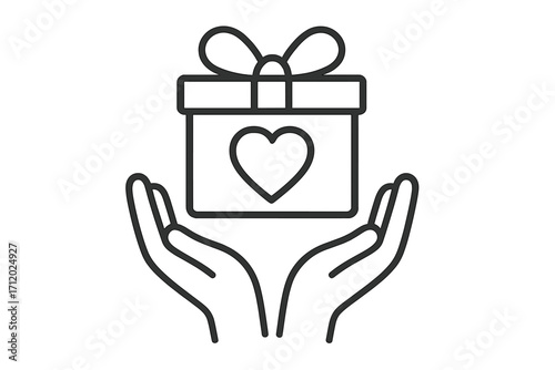 Hands holding gift box with heart symbol, giving present, love and care concept, line art vector illustration, donation, charity, celebration, holiday gift, transparent background