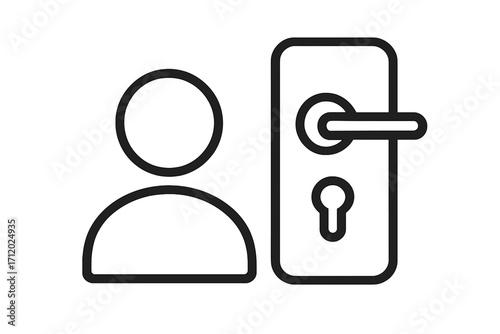 Minimalistic linear pictogram of user and door lock, security concept, access control icon, digital identity symbol for web, apps, social media, banners, graphic design, vector illustration