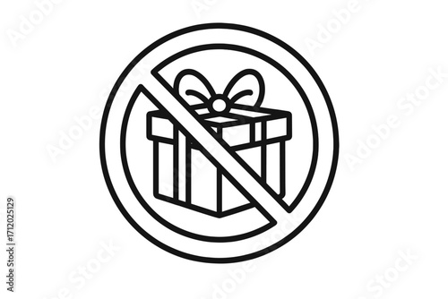 No gifts warning sign. Anti-corruption and bribery symbol. Gifting prohibited policy icon. Present forbidden pictogram. Vector line illustration for business ethics.