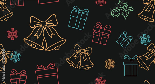 A festive pattern of colorful outline Christmas bells and gift boxes on a black background.