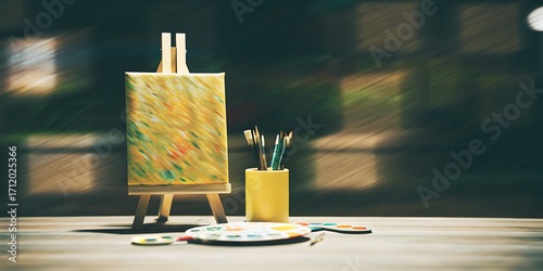 A painter's workspace with a small easel, an abstract painting, and a cup of paintbrushes.