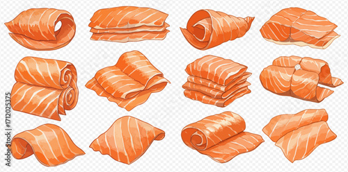 An illustrated collection of fresh salmon fillets, featuring various slices, stacks, and rolls of raw fish meat on a transparent background.