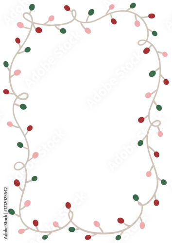 String lights forming a wavy rectangular frame on white background. Hand drawn festive border template with place for text. Winter holiday and Christmas vector design for greeting card, invitation