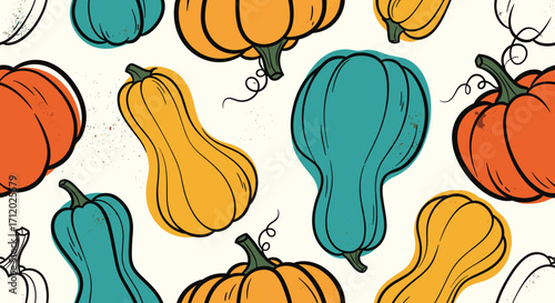 A vibrant collection of colorful pumpkins and gourds arranged in a seamless pattern on a cream background for autumn harvest celebrations.