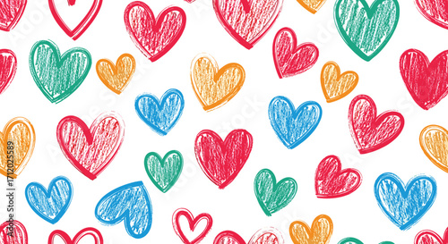 A vibrant and colorful collection of hand-drawn heart shapes adorning a white background providing a cheerful and romantic aesthetic.