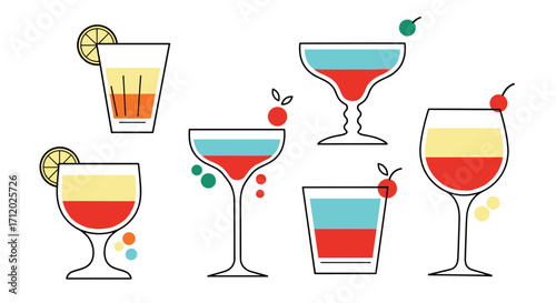 A collection of colorful layered cocktails garnished with fruit and berries.