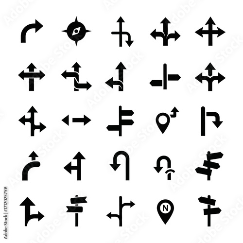 Set of directional and navigational signpost icons for wayfinding and direction