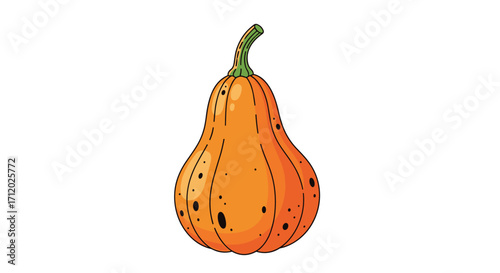 A ripe butternut squash with a green stem sitting isolated on a white background.