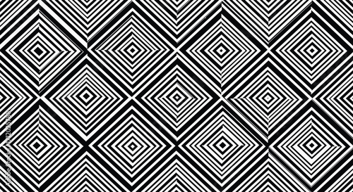 An abstract geometric pattern of concentric diamond shapes creating a visually striking tessellation with a bold black and white contrast.