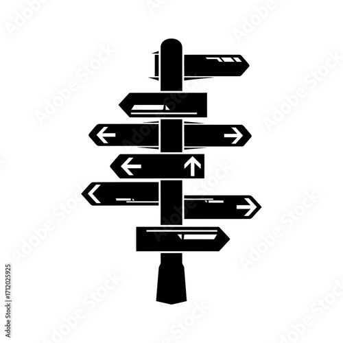 Conceptual black signpost graphic with multiple directional arrows, symbolizing choices, pathways, and complex decision-making processes