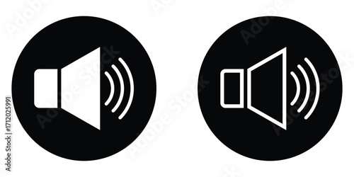 Wireless multimedia vector icons set. Web sound icons set. Dark isolated  volume icons on white page.  Dark isolated web mic icons on black circle. Digital wave voice icon set. EPS 10. 