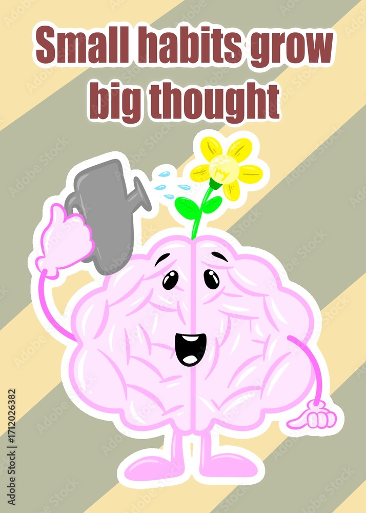 Fototapeta premium brain watering flower cute brain cartoon style illustration
