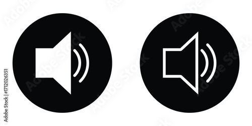 Wireless multimedia vector icons set. Web sound icons set. Dark isolated  volume icons on white page.  Dark isolated web mic icons on black circle. Digital wave voice icon set. EPS 10. 
