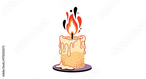 A single lit candle burns brightly with dripping wax on a white background.