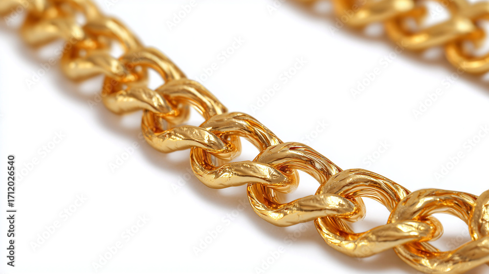 Obraz premium A gold chain lies flat against the surface. The chain's links shine with reflected light. Gold links create a consistent pattern.