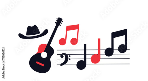 A cowboy hat rests on a guitar with musical notes floating around it.