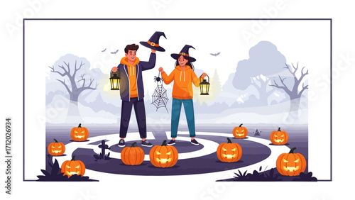Halloween Festivities: A couple dressed in Halloween outfits are celebrating this special day, standing in a Halloween-themed park, surrounded by pumpkins. 