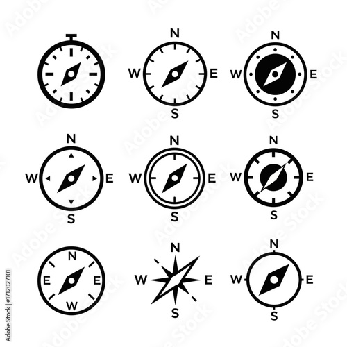 Compass Icon Set in Black and White Navigation, Direction, and Exploration