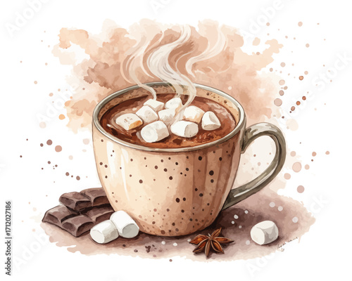 Watercolor Hot Chocolate Mug with Marshmallows vector illustration 